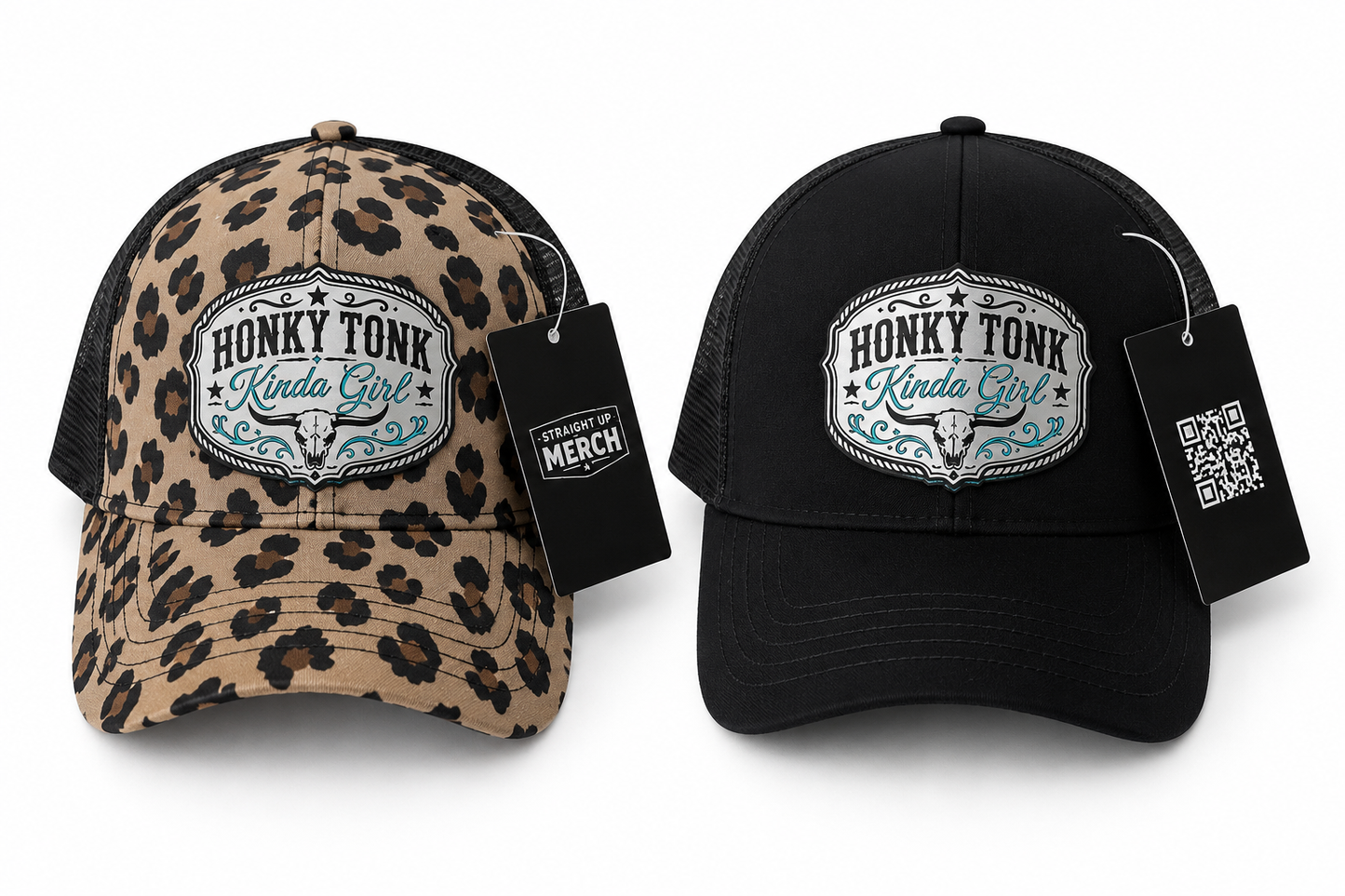 Honky Tonk Girl Acrylic Patch Ponytail Hat – Leopard Print Western Snapback