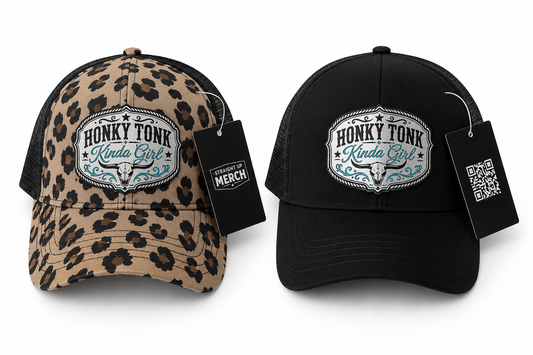 Honky Tonk Girl Acrylic Patch Ponytail Hat – Leopard Print Western Snapback