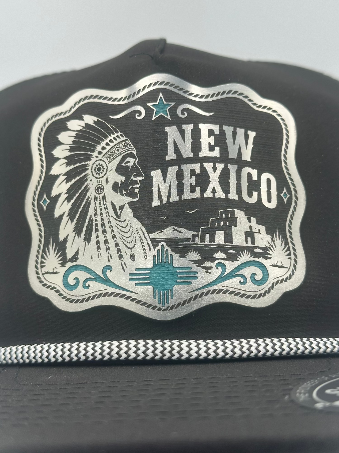 New Mexico Cowboy Rope Hat – Premium Turquoise Acrylic Patch Western Snapback
