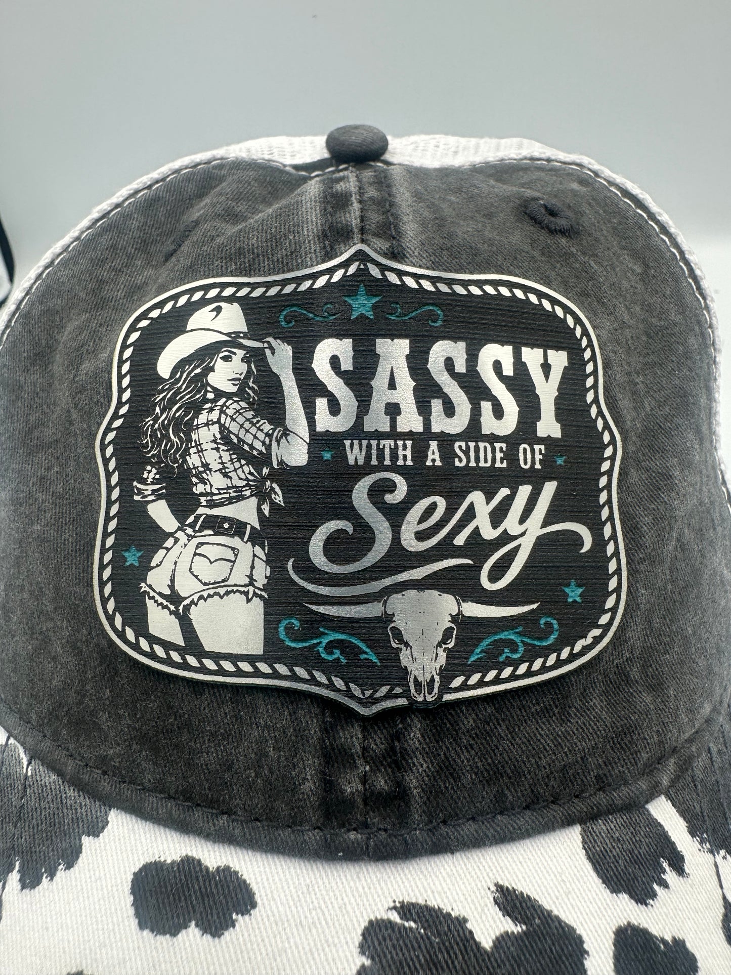 Sassy Cowgirl Cow Print Turquoise Acrylic Patch Ponytail Hat – Black Snapback