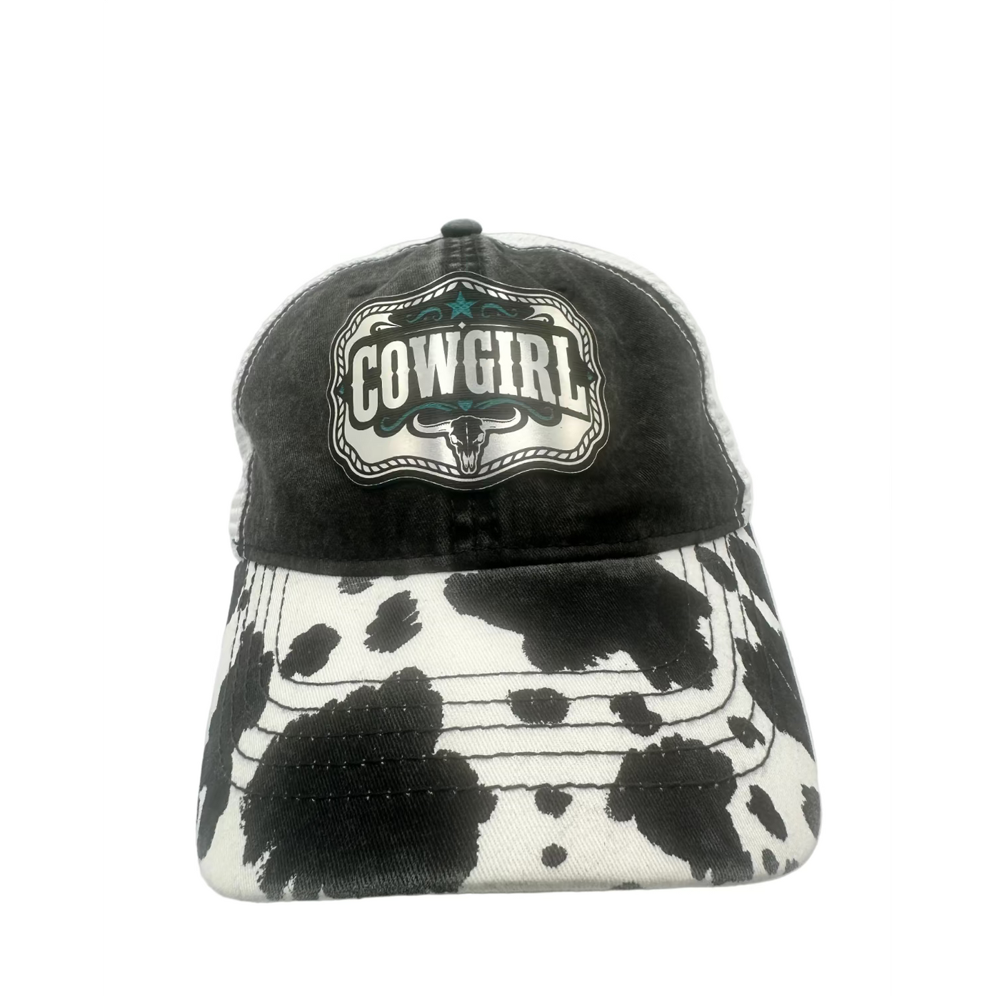 Cowgirl Turquoise Acrylic Patch Ponytail Hat – Cow Print Western Cap