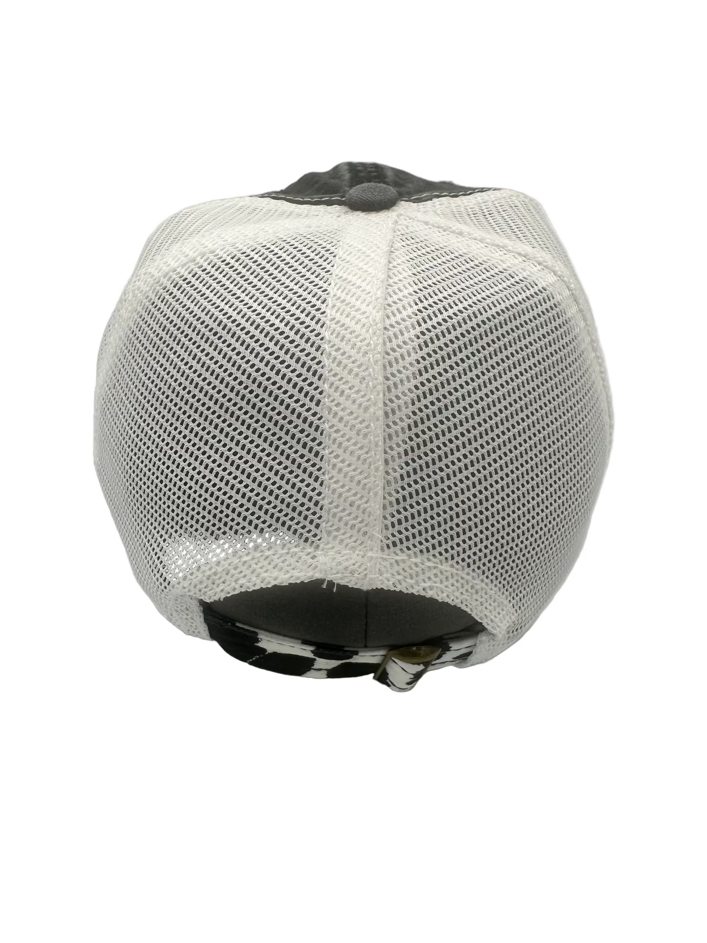 White mesh trucker cap viewed from the back, featuring a dark gray button on top and a black-and-white patterned fabric lining at the back.