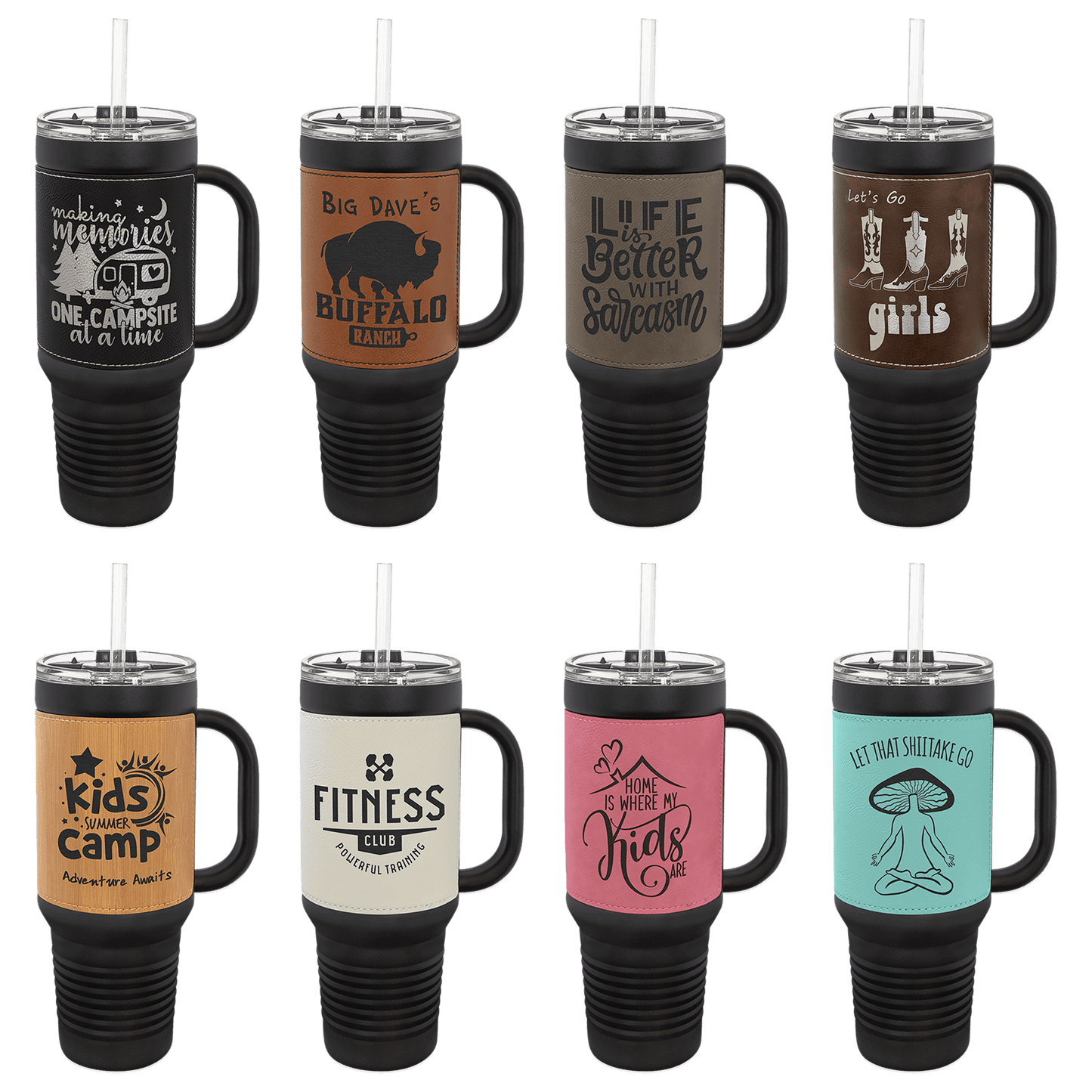 Polar Camel 40 oz. Black with Laserable Leatherette Travel Mug with a Straw