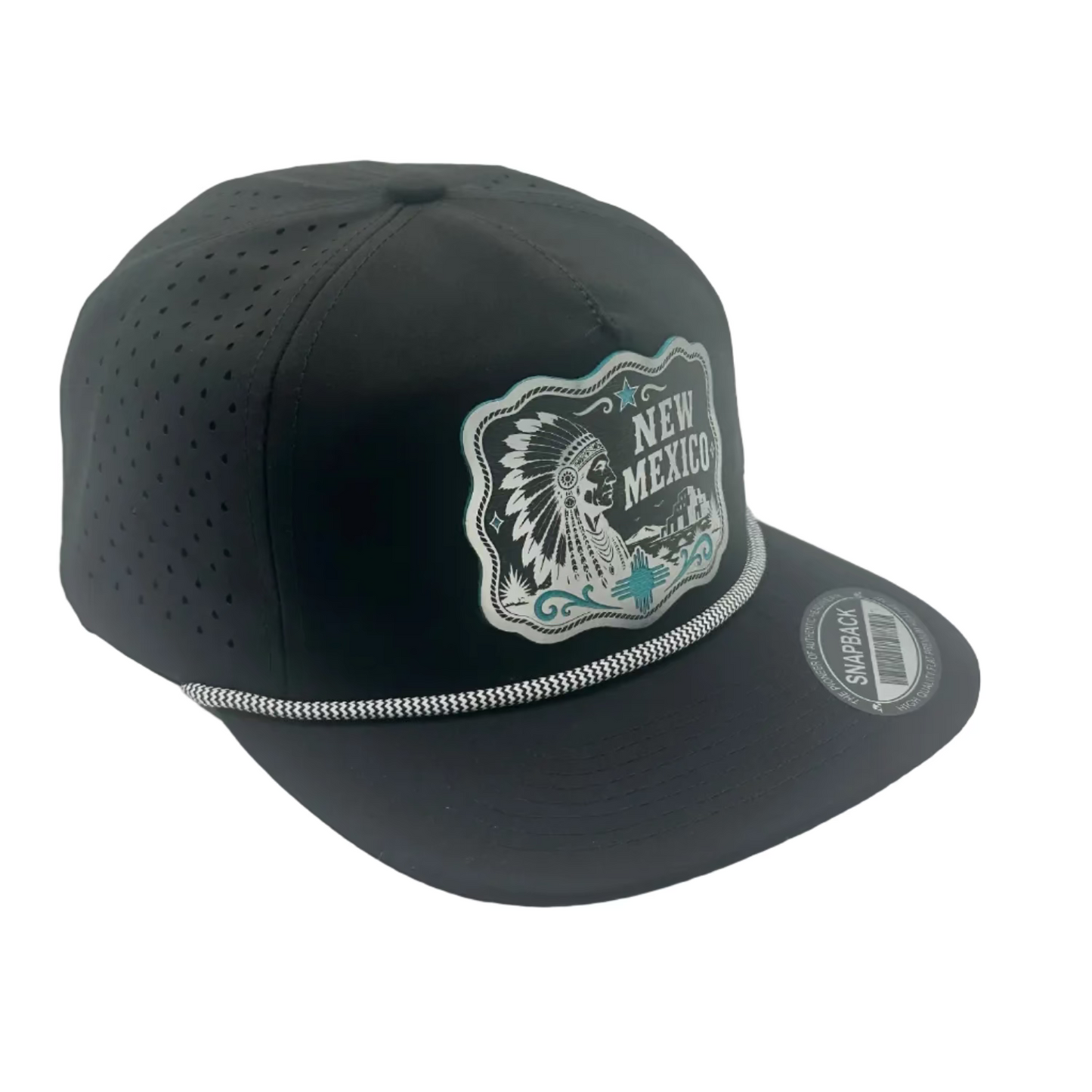 New Mexico hat featuring wetern belt buckle acrylic patch on black preforated rope snapback