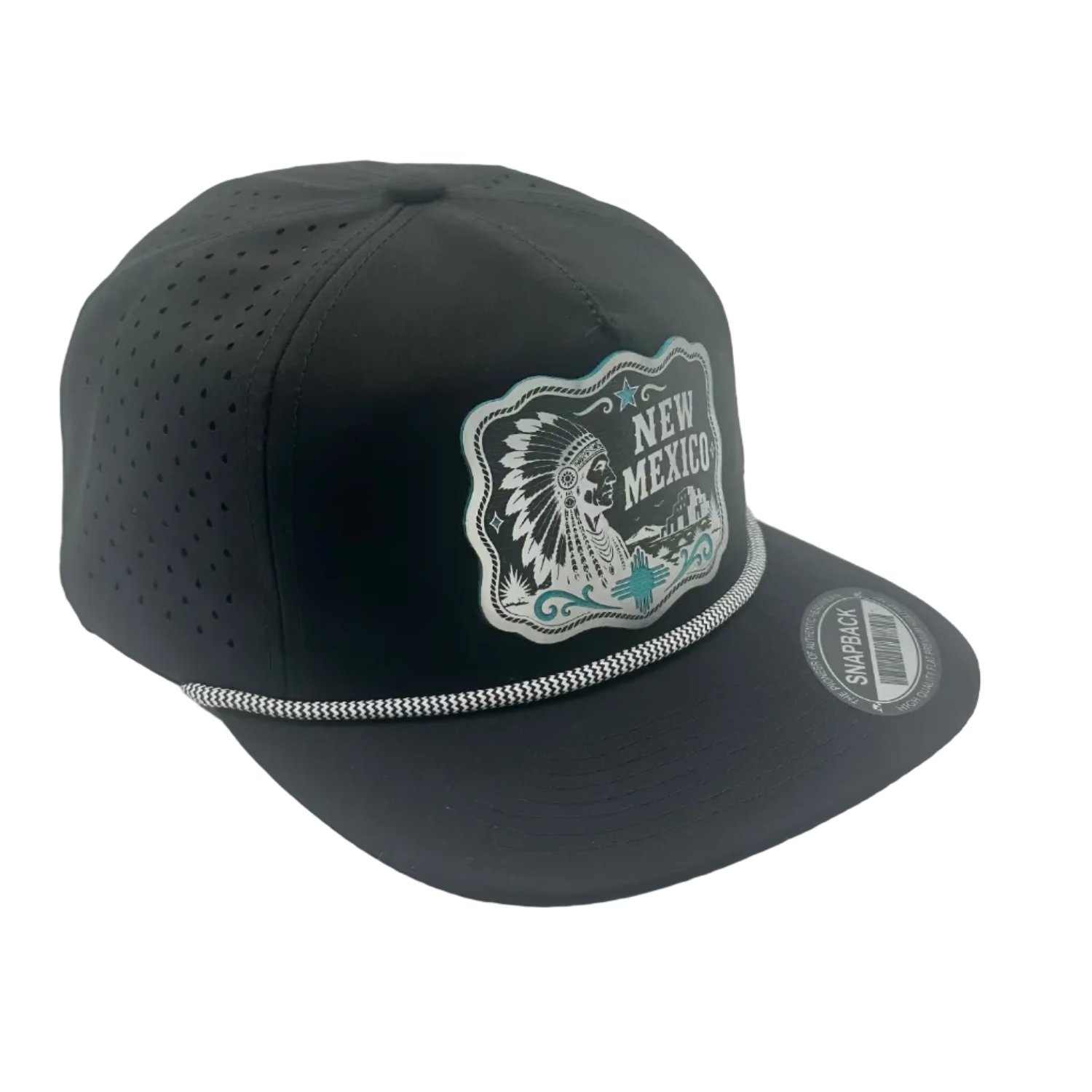 New Mexico hat featuring wetern belt buckle acrylic patch on black preforated rope snapback