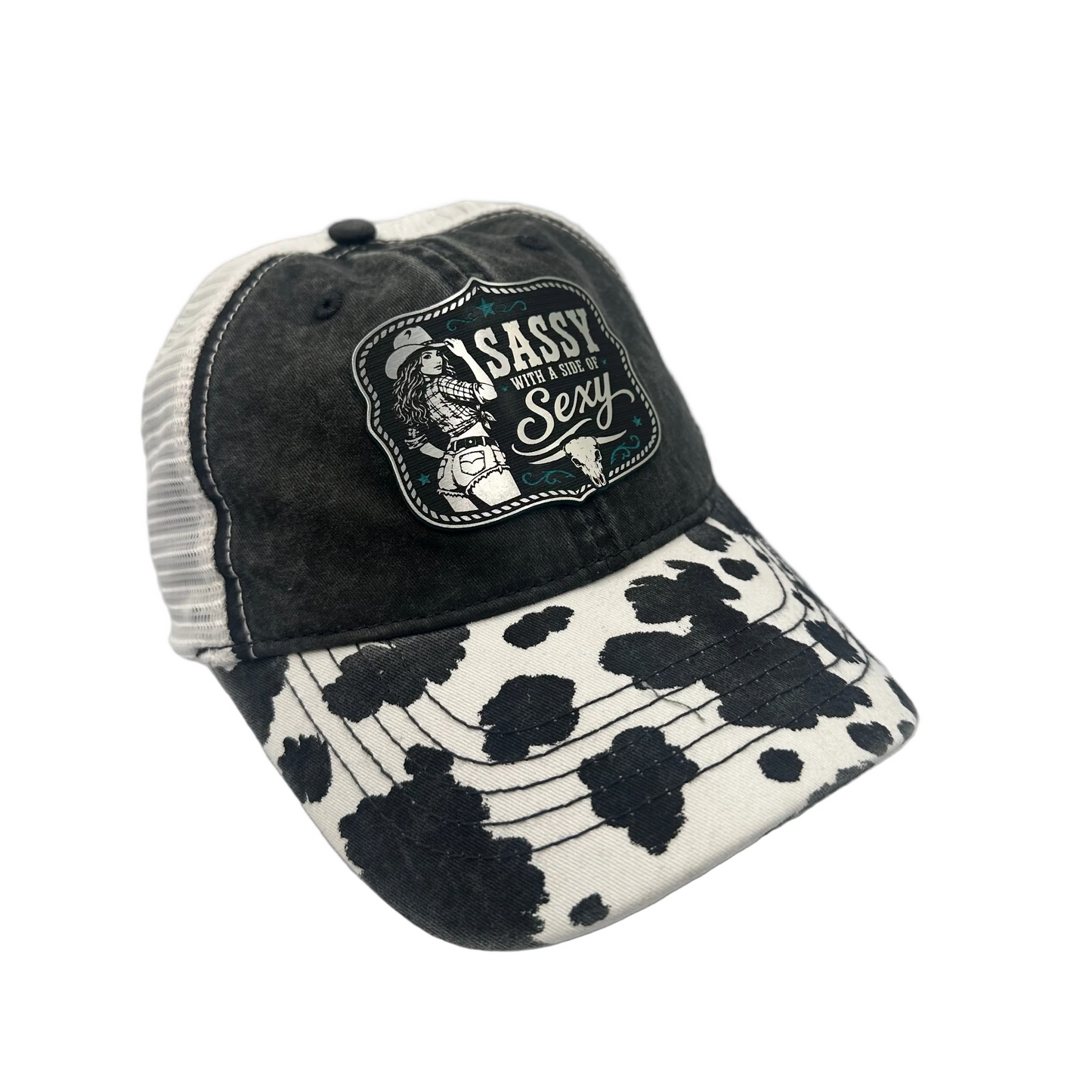 Sassy Cowgirl Cow Print Turquoise Acrylic Patch Ponytail Hat – Black Snapback