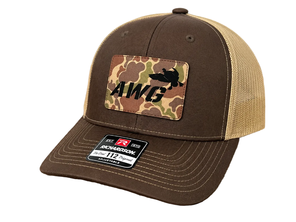 AWG Waterfowl Richardson 112 hunting hat in brown and khaki featuring a premium laser engraved camouflage leatherette patch.