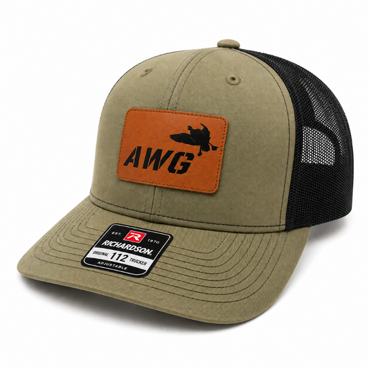 AWG Waterfowl Richardson 112 hunting hat in loden green and black featuring a premium laser engraved leatherette patch.