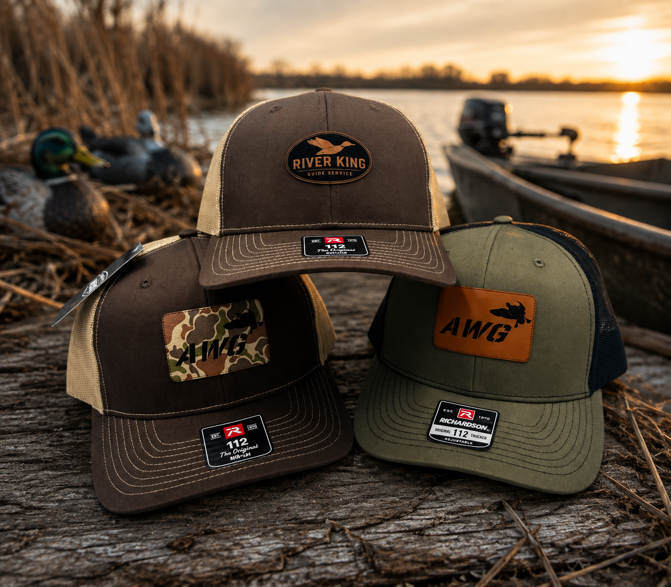 AWG Waterfowl Richardson 112 hunting hats featuring premium laser engraved leatherette patches, including rawhide and camouflage patch options.