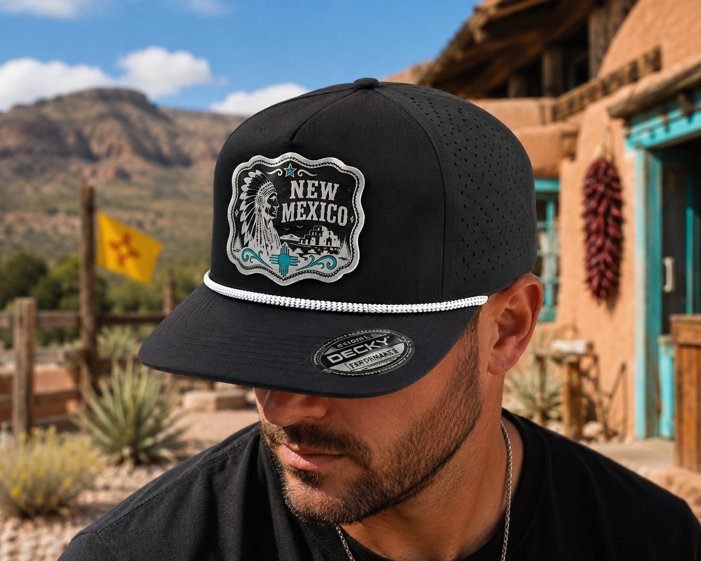 New Mexico Cowboy Rope Hat – Premium Turquoise Acrylic Patch Western Snapback
