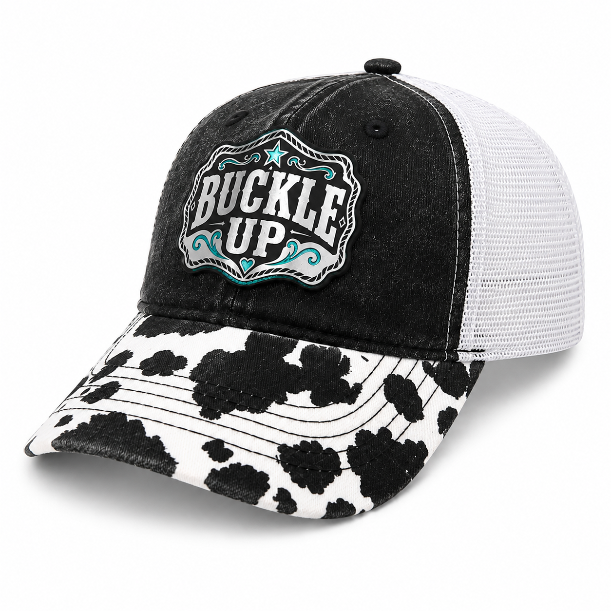 Buckle Up Western Ponytail Trucker Hat | Turquoise Acrylic Patch