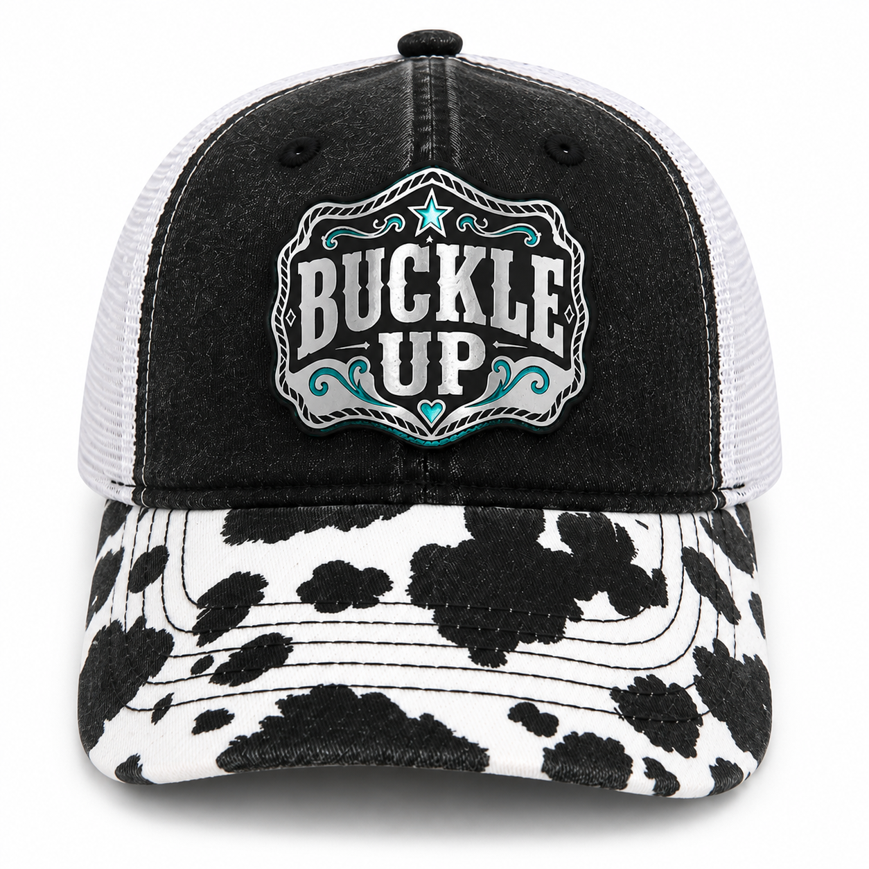 Buckle Up Western Ponytail Trucker Hat | Turquoise Acrylic Patch