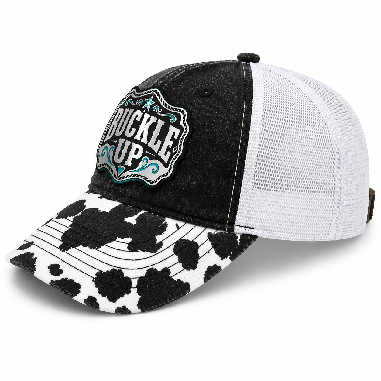 Buckle Up Western Ponytail Trucker Hat | Turquoise Acrylic Patch