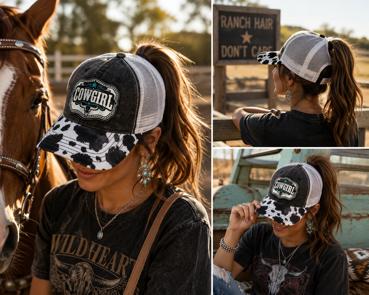 Cowgirl Turquoise Acrylic Patch Ponytail Hat – Cow Print Western Cap