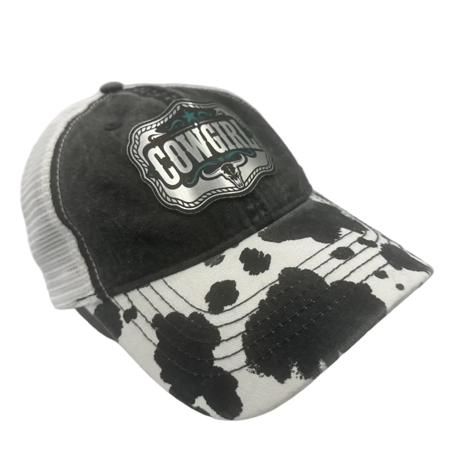 Cowgirl turquoise acrylic patch ponytail hat with cow print brim on a distressed black western cap.