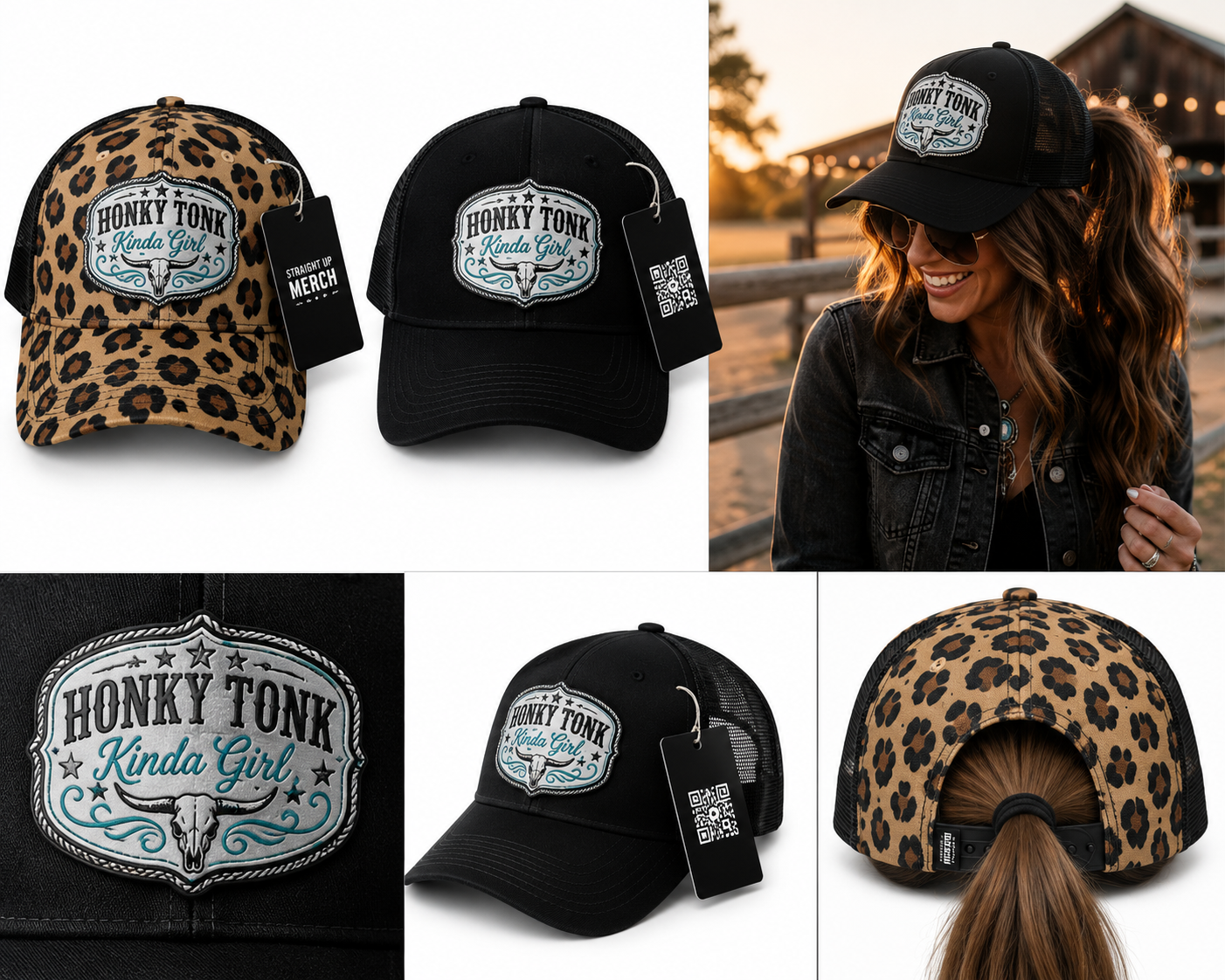 Honky Tonk Girl Acrylic Patch Ponytail Hat – Leopard Print Western Snapback