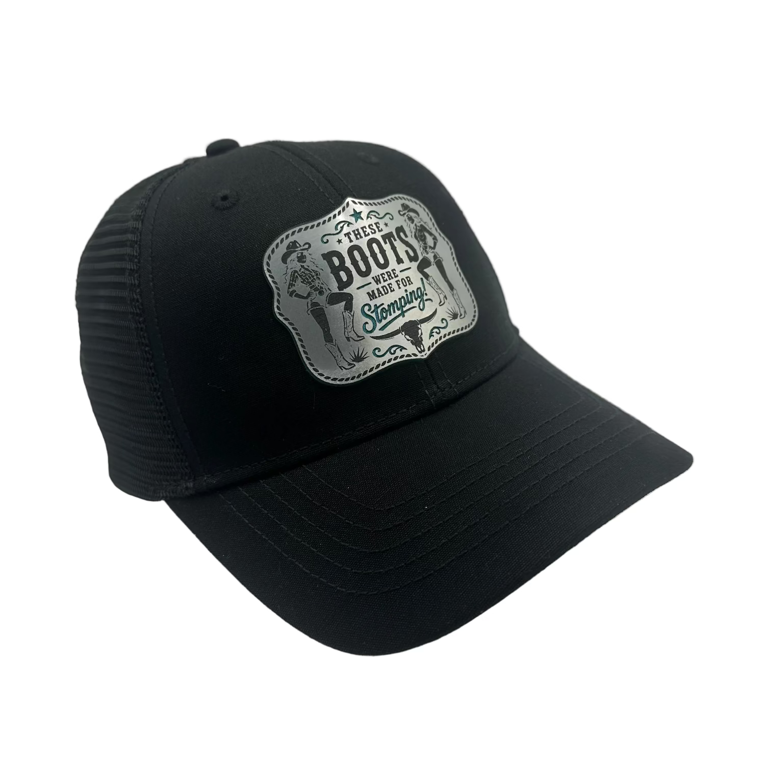 Black ponytail trucker hat with turquoise acrylic Western cowgirl patch reading These Boots Were Made for Stomping.