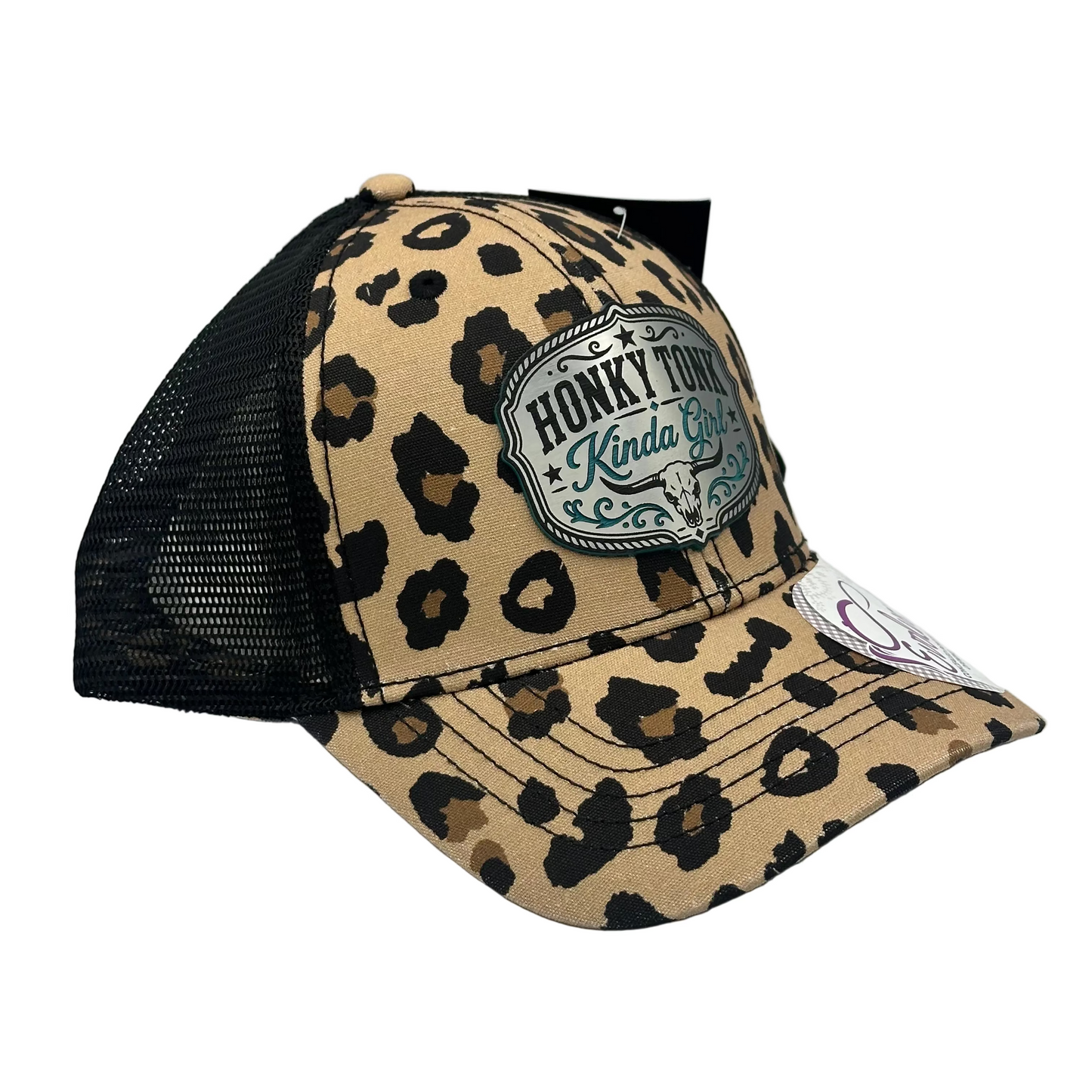 Honky Tonk Girl Acrylic Patch Ponytail Hat – Leopard Print Western Snapback