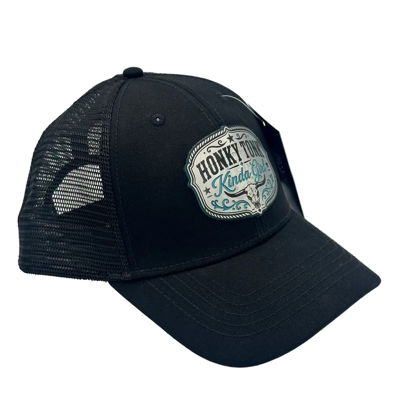 A black trucker-style baseball cap with a curved brim and black mesh back panels, featuring a circular embroidered patch on the front that reads 'Honky Tonk Florida' in white and teal lettering.
