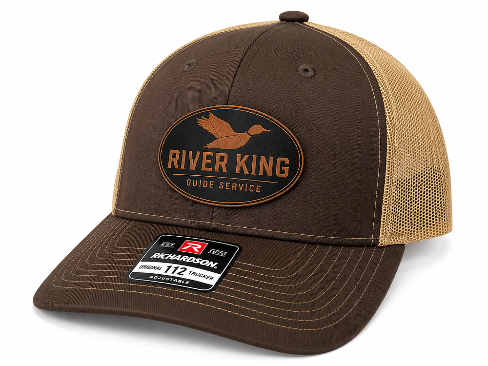 River King Guide Service Richardson 112 hunting hat in brown and khaki featuring an official laser engraved leatherette patch.