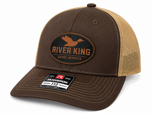 River King Guide Service Richardson 112 hunting hat in brown and khaki featuring an official laser engraved leatherette patch.